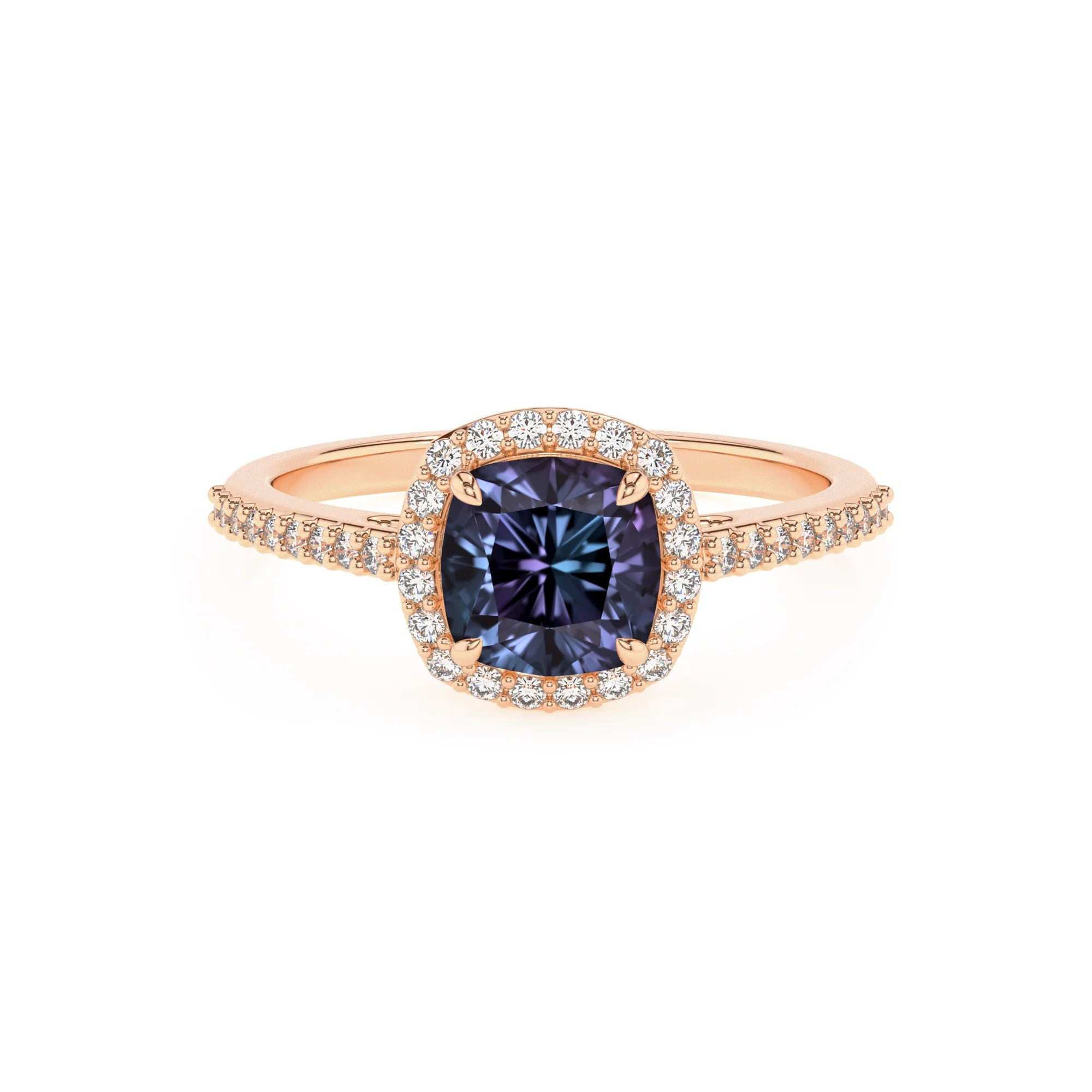 lab grown alexandrite cushion solitaire rings in rose gold