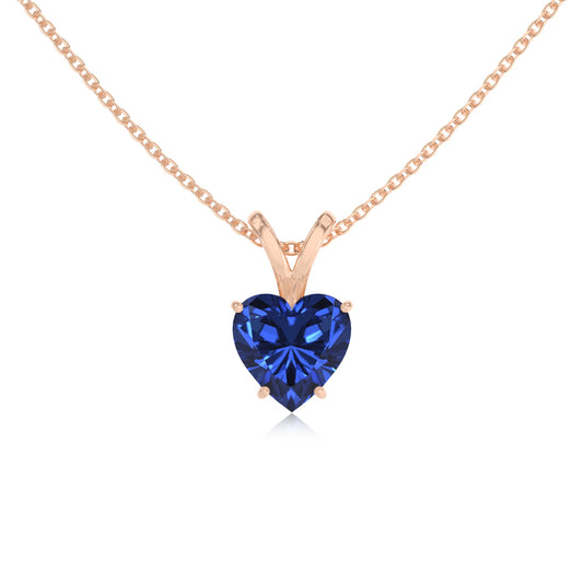 lab grown blue-sapphire heart solitaire v-bale necklaces in rose gold
