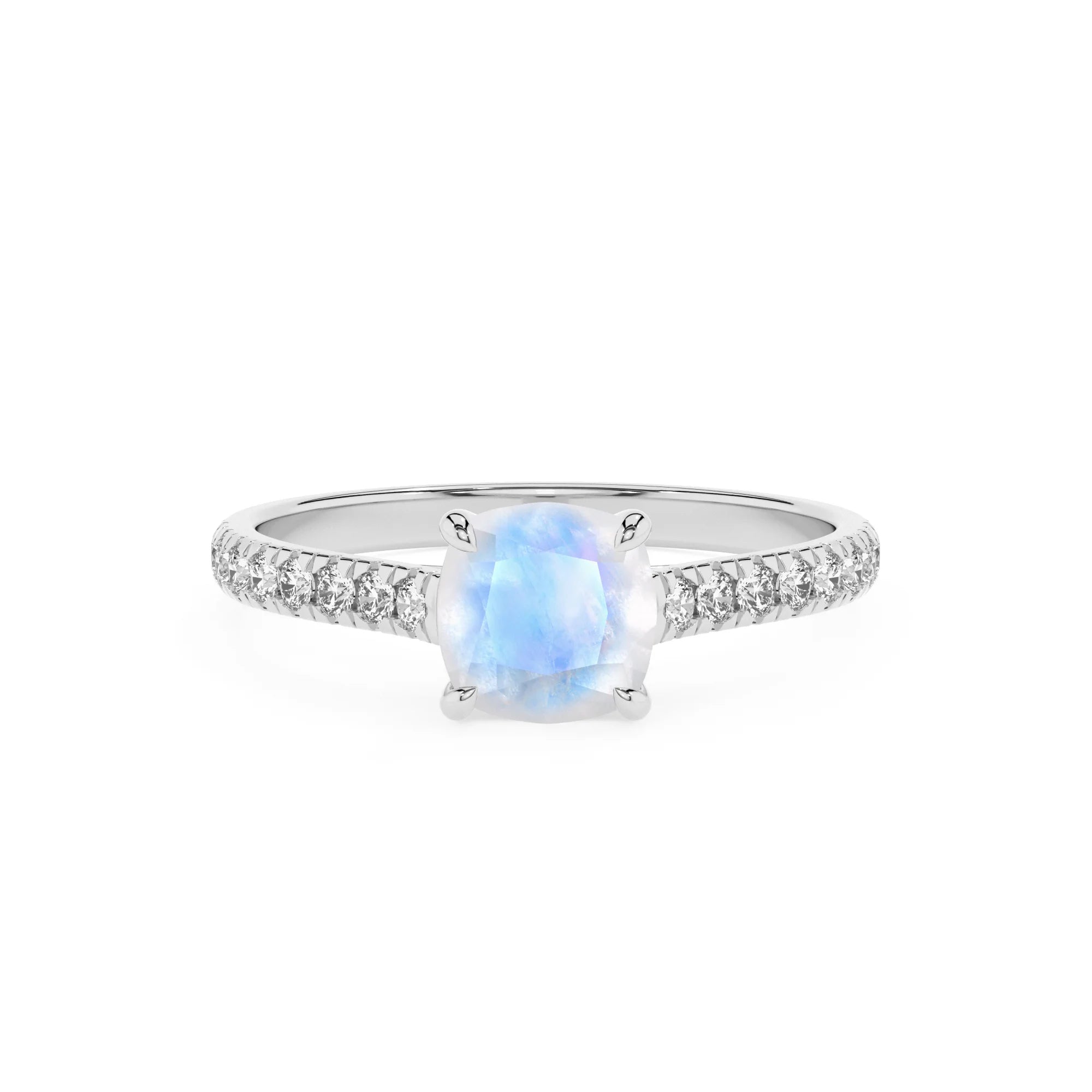 natural rainbow-moonstone cushion half eternity solitaire engagement rings in white gold