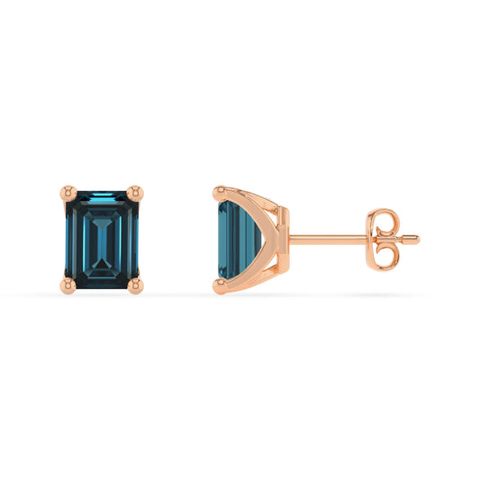 natural london blue topaz emerald cut stud earrings in rose gold