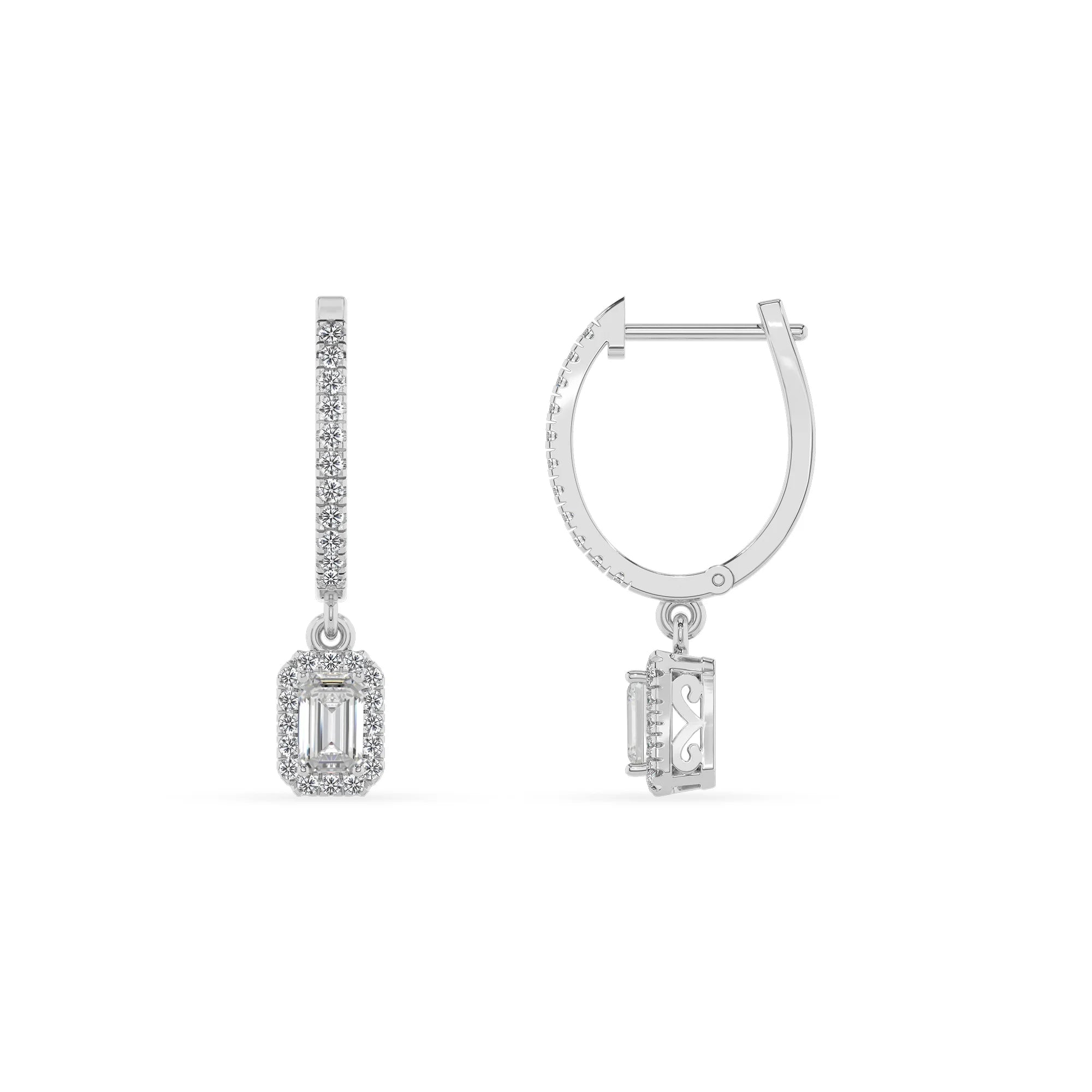 lab grown moissanite emerald cut drop earrings in sterling silver