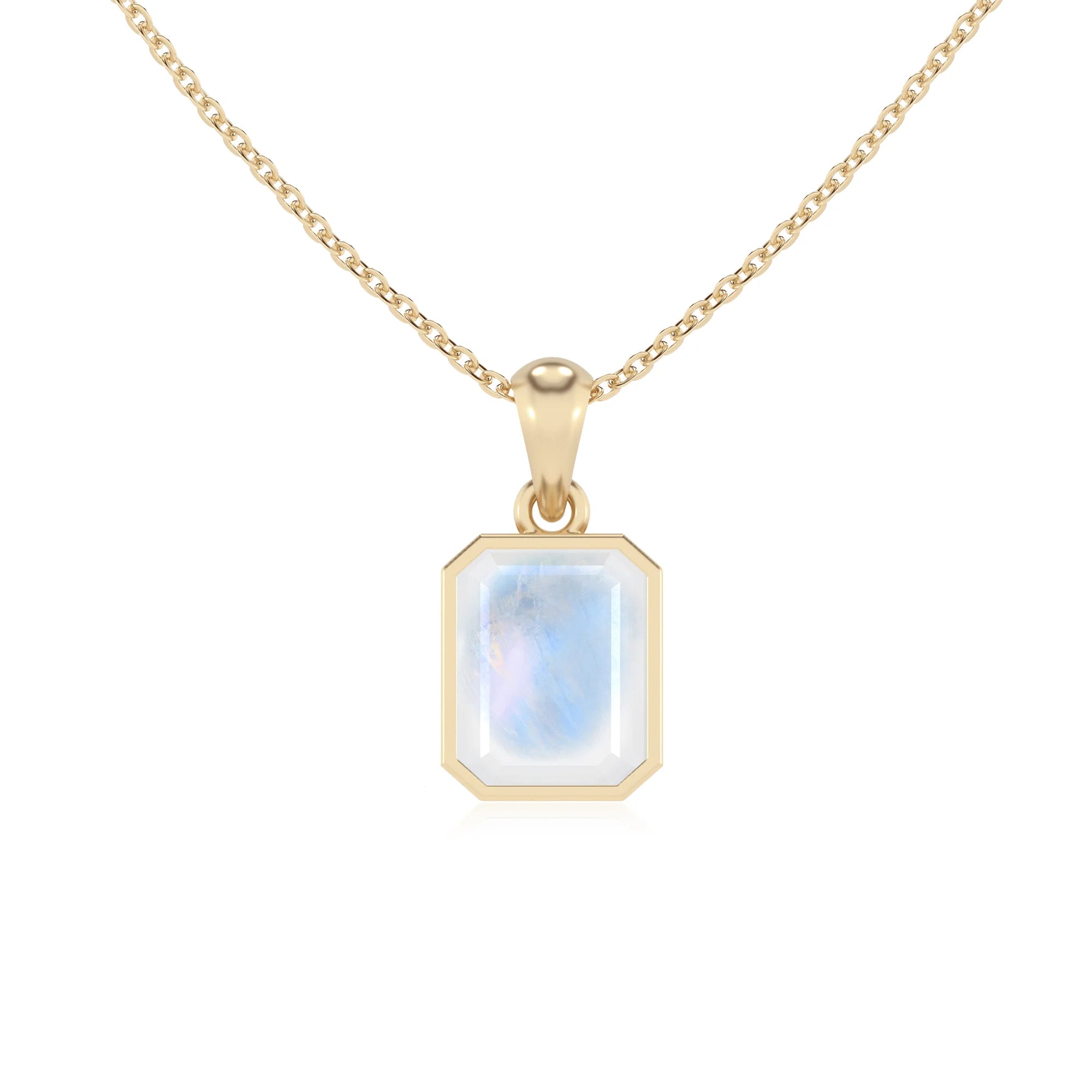 natural rainbow-moonstone emerald cut solitaire necklaces in yellow gold