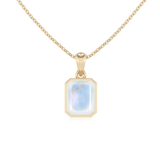 natural rainbow-moonstone emerald cut solitaire necklaces in yellow gold