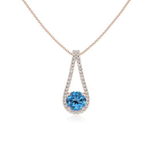 natural swiss-blue-topaz round solitaire v-bale necklaces in rose gold