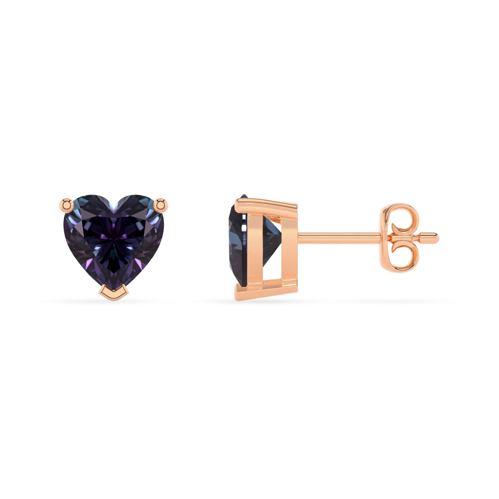 lab grown alexandrite heart stud earrings in rose gold