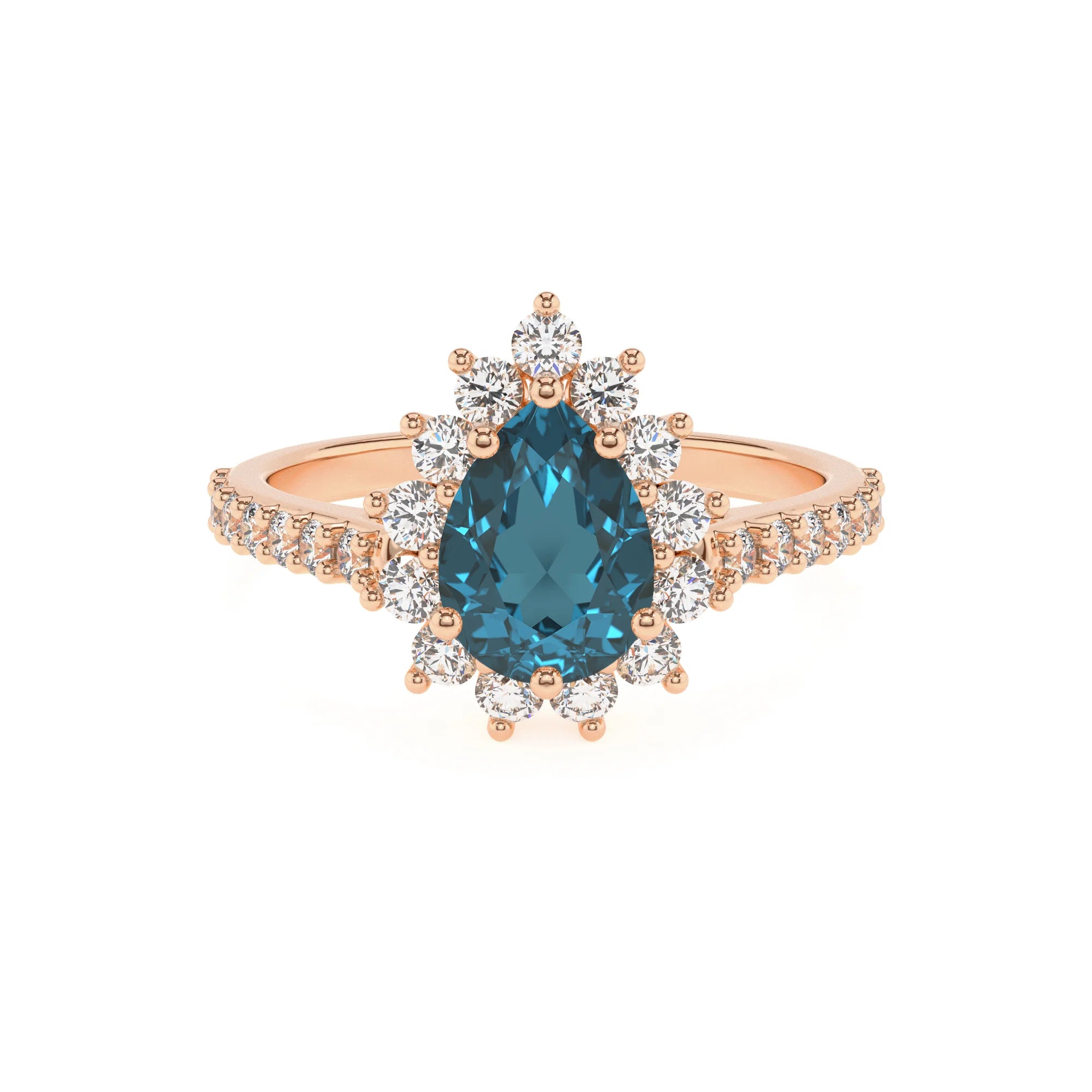 natural london-blue-topaz pear solitaire rings in rose gold