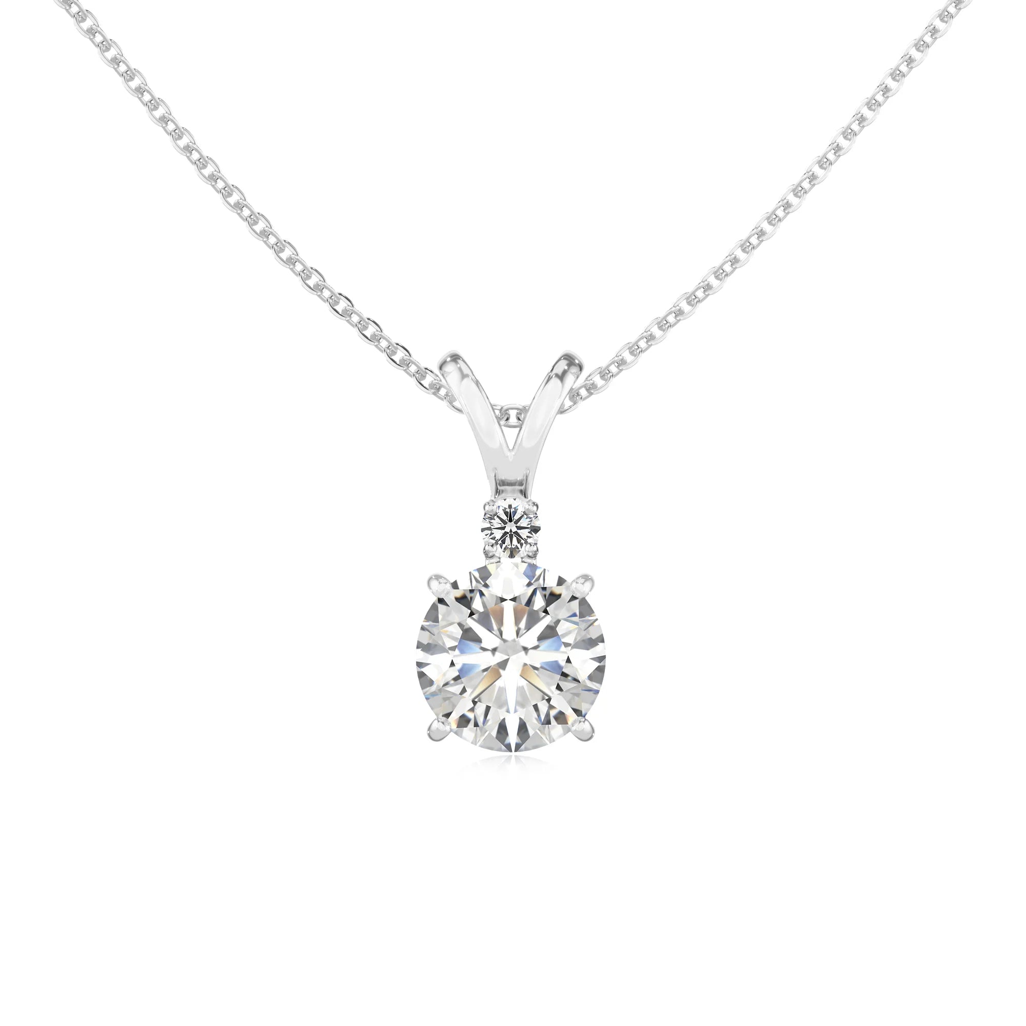 lab grown moissanite round solitaire v-bale necklaces in sterling silver