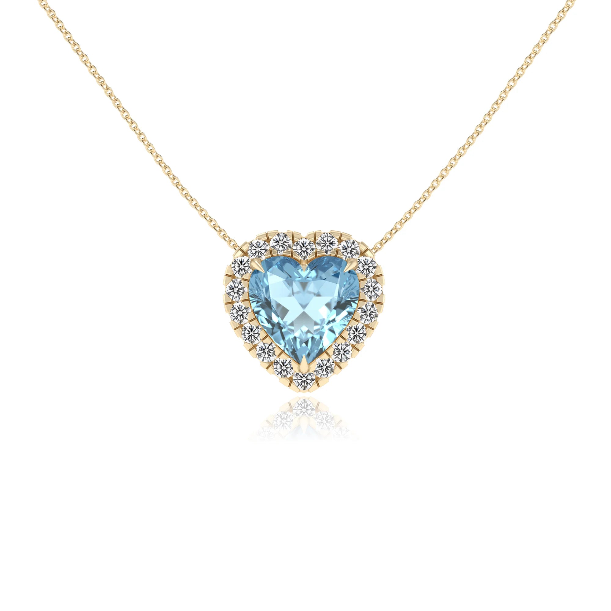 lab grown aquamarine heart solitaire necklaces in yellow gold