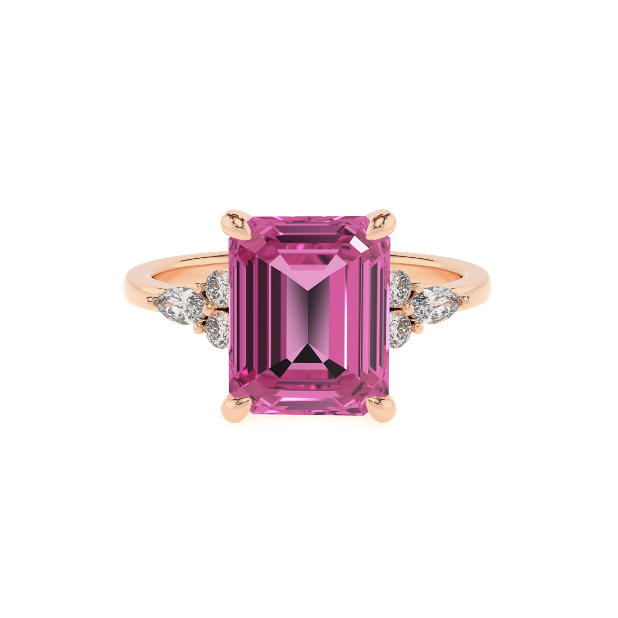 lab grown pink-sapphire emerald cut solitaire rings in rose gold