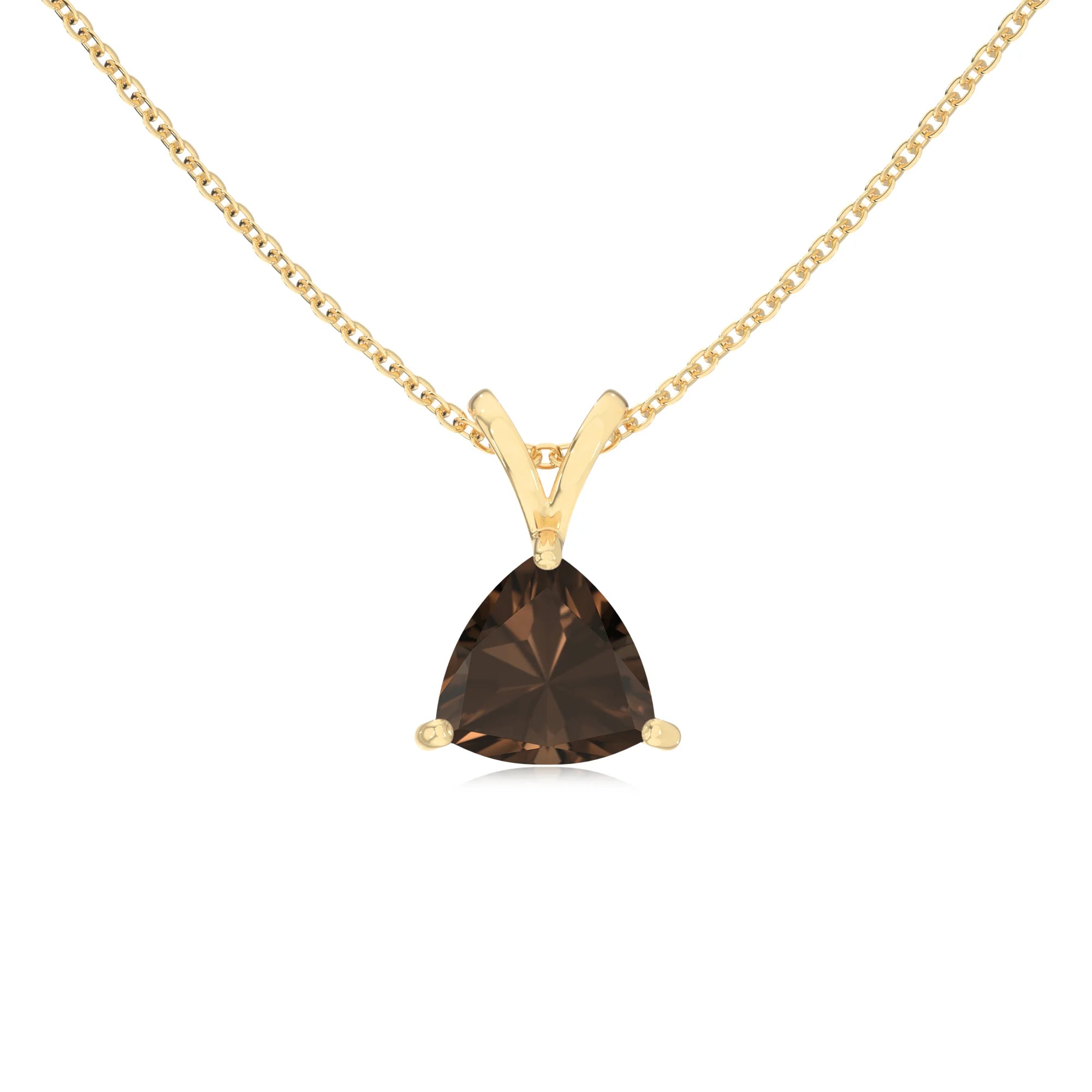 natural smoky-quartz trillion solitaire v-bale necklaces in yellow gold