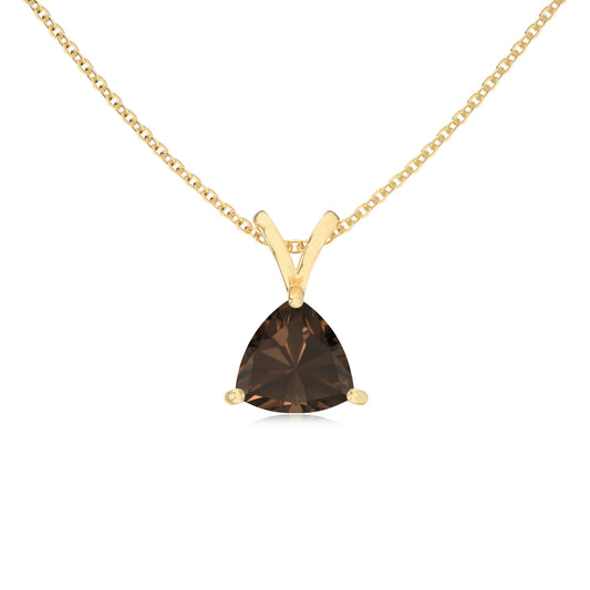 natural smoky-quartz trillion solitaire v-bale necklaces in yellow gold