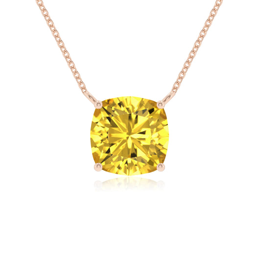 lab grown yellow-sapphire cushion solitaire necklaces in rose gold