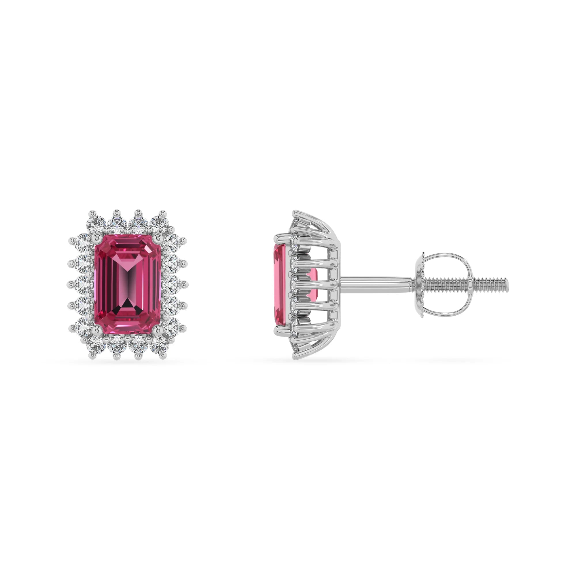 lab grown pink tourmaline emerald cut stud earrings in white gold