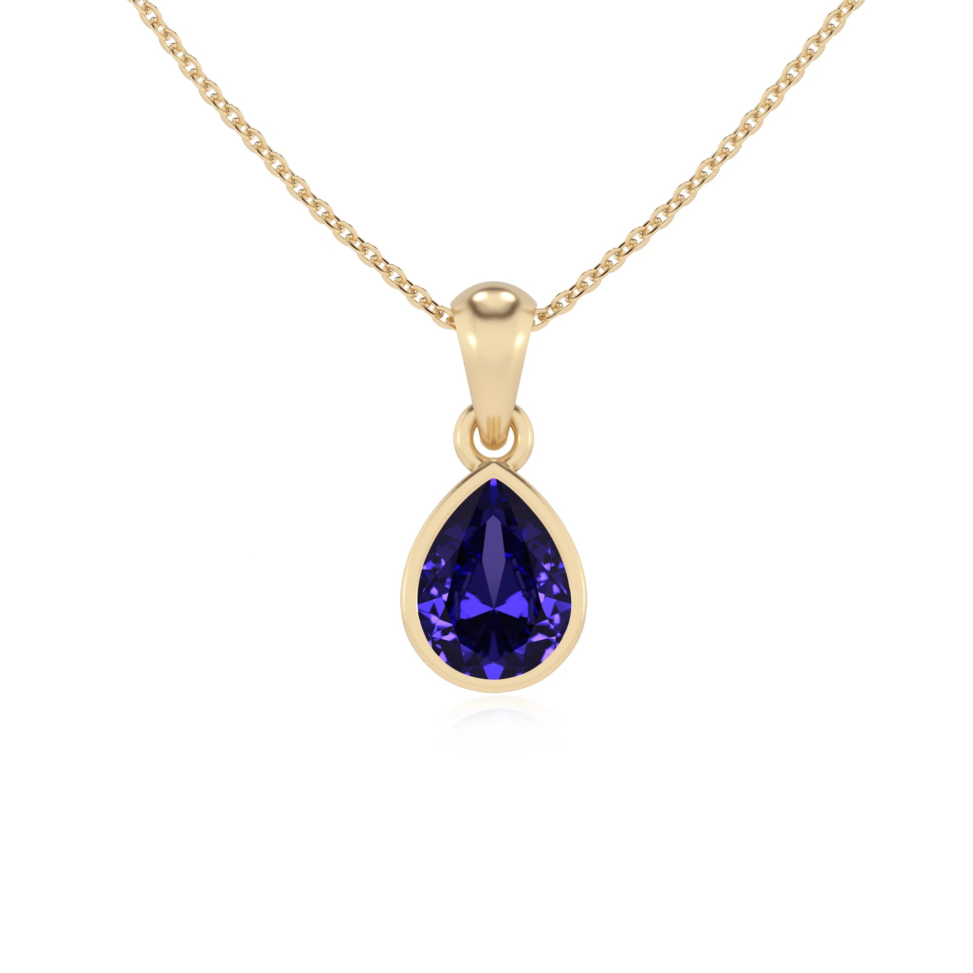 lab grown tanzanite pear solitaire necklaces in yellow gold