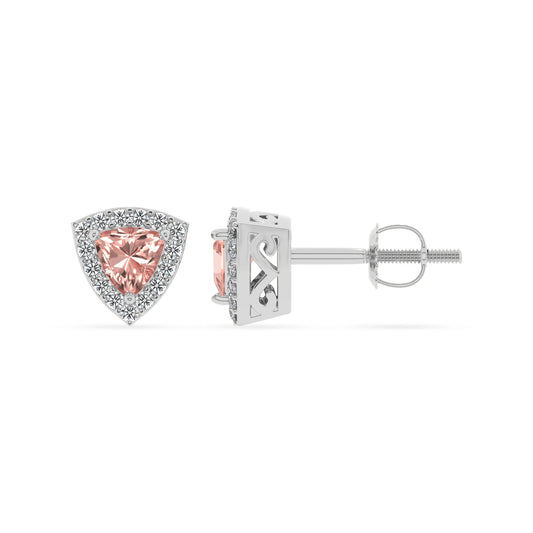 lab grown morganite trillion stud earrings in platinum