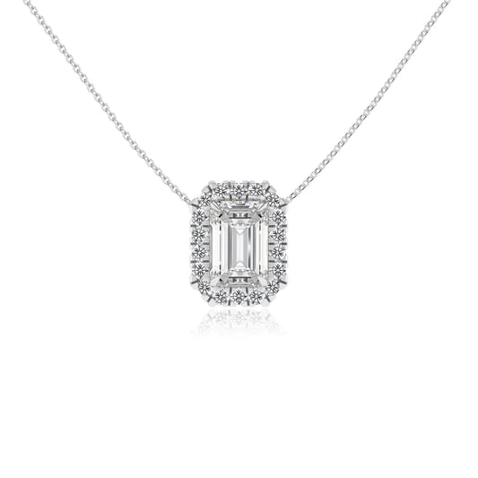 lab grown moissanite emerald cut solitaire necklaces in platinum