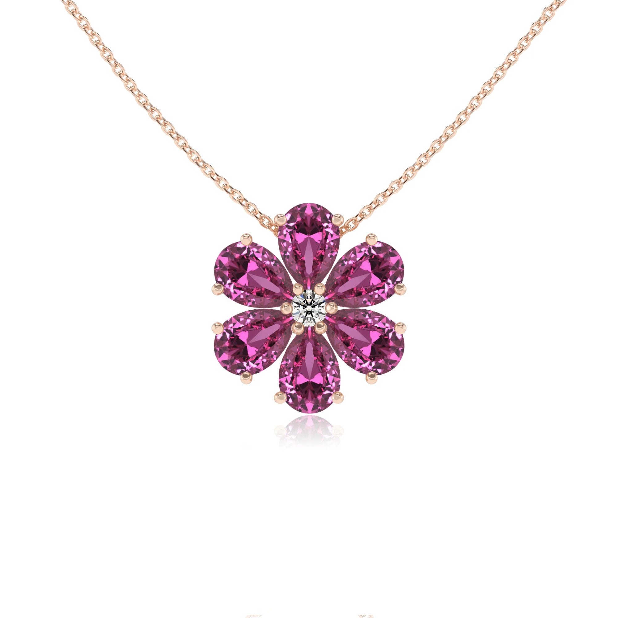 lab grown pink-sapphire pear solitaire necklaces in rose gold