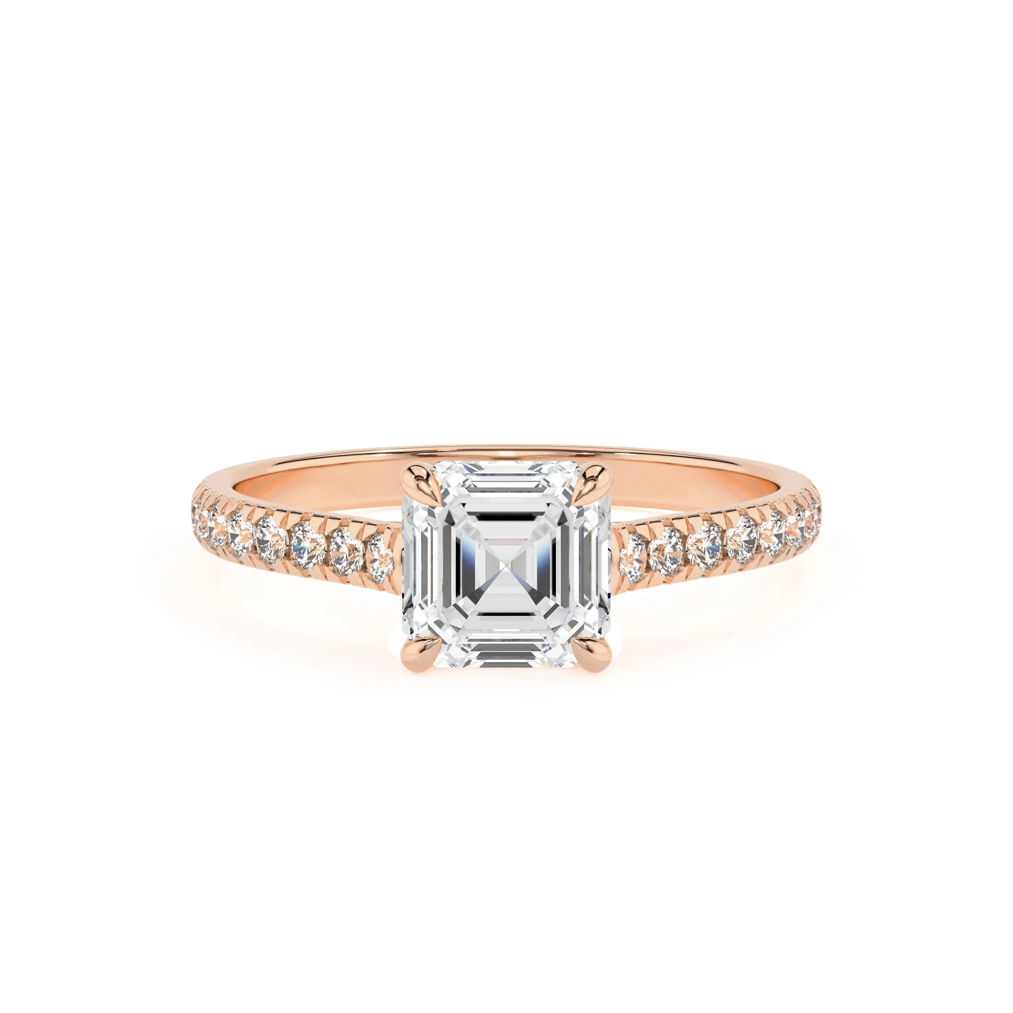 lab grown moissanite asscher half eternity solitaire engagement rings in rose gold