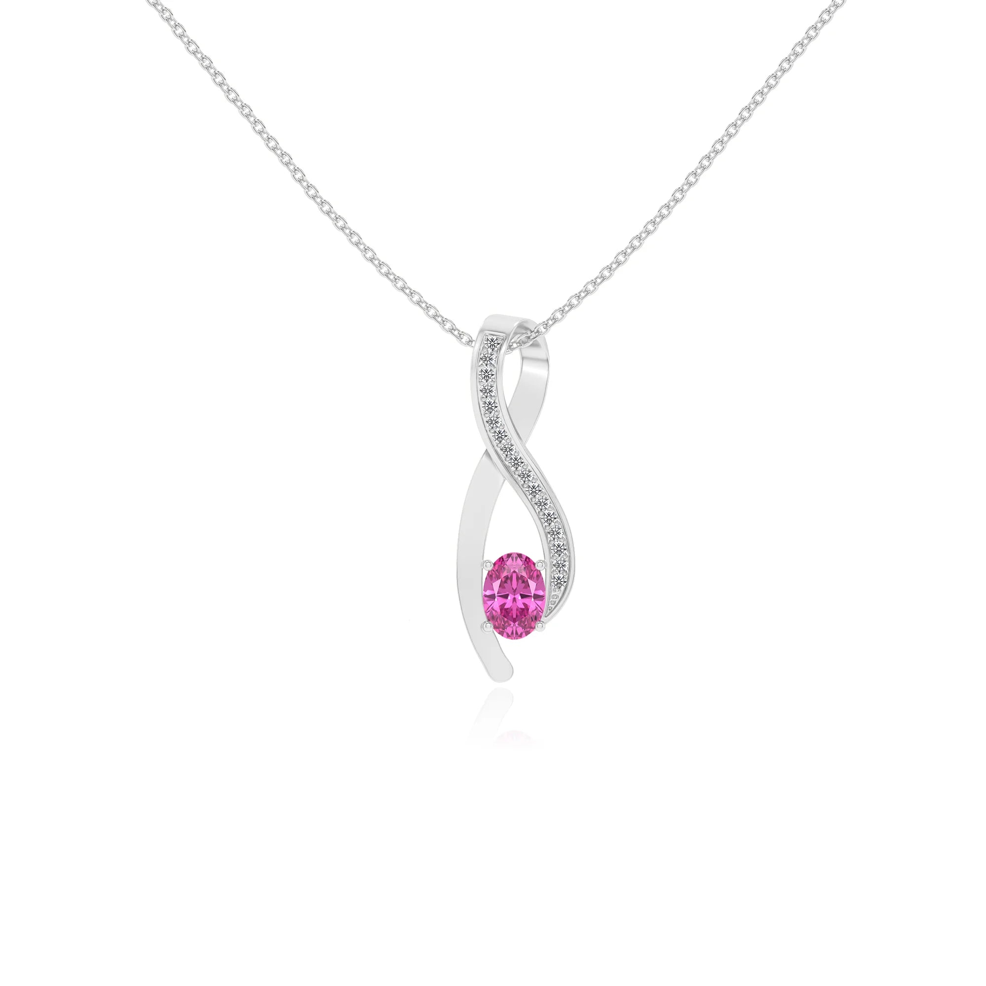 lab grown pink-sapphire oval solitaire necklaces in white gold