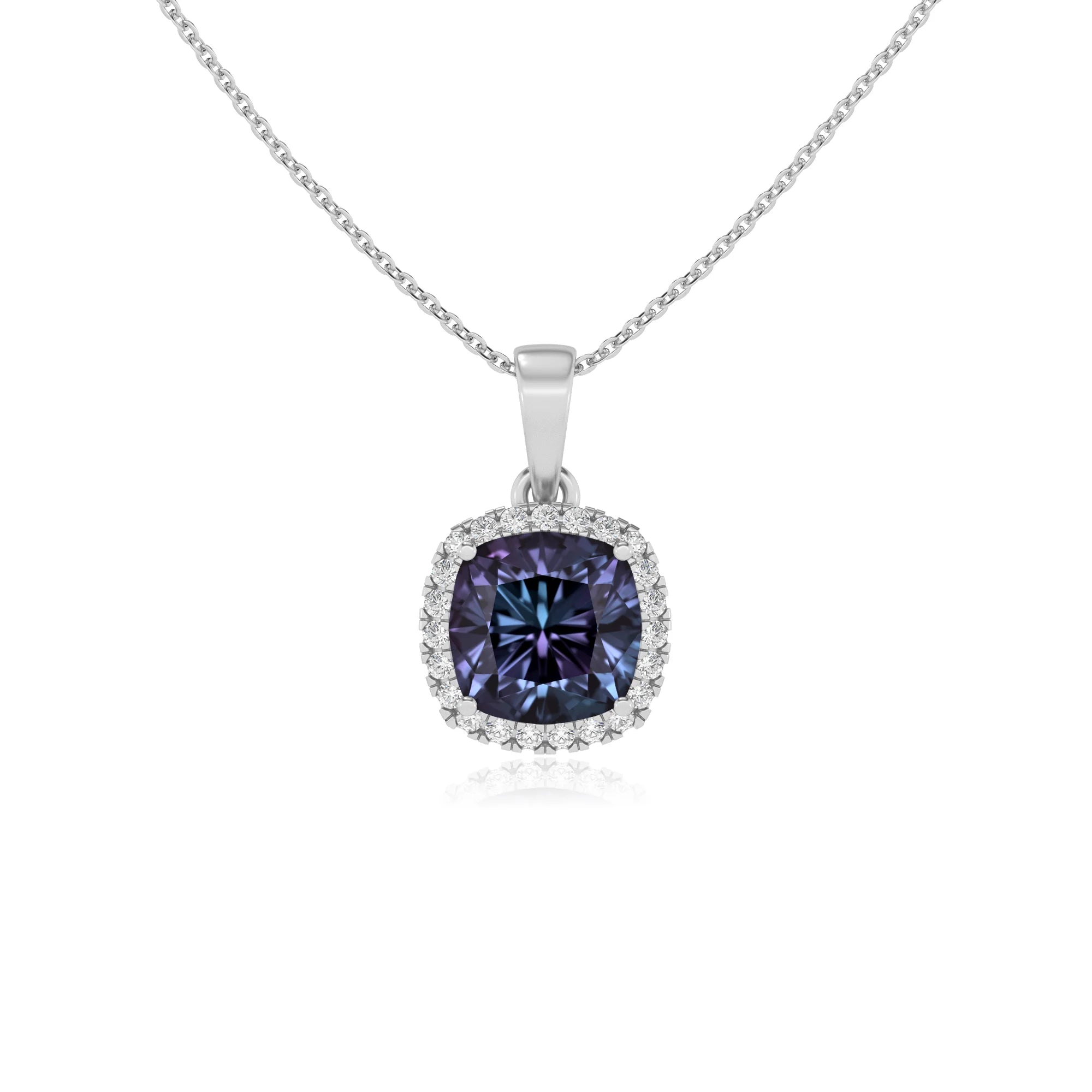 lab grown alexandrite cushion solitaire necklaces in sterling silver