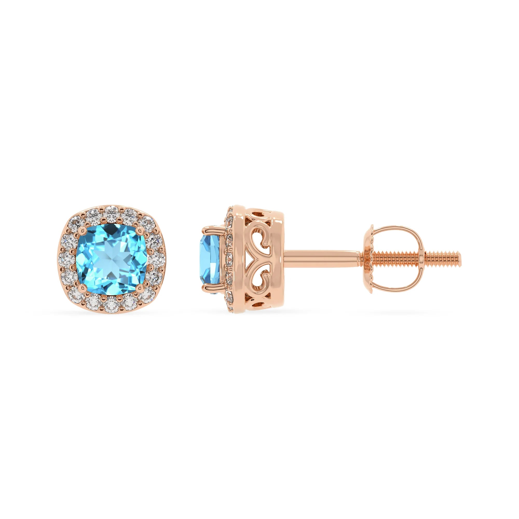 natural swiss blue topaz cushion stud earrings in rose gold