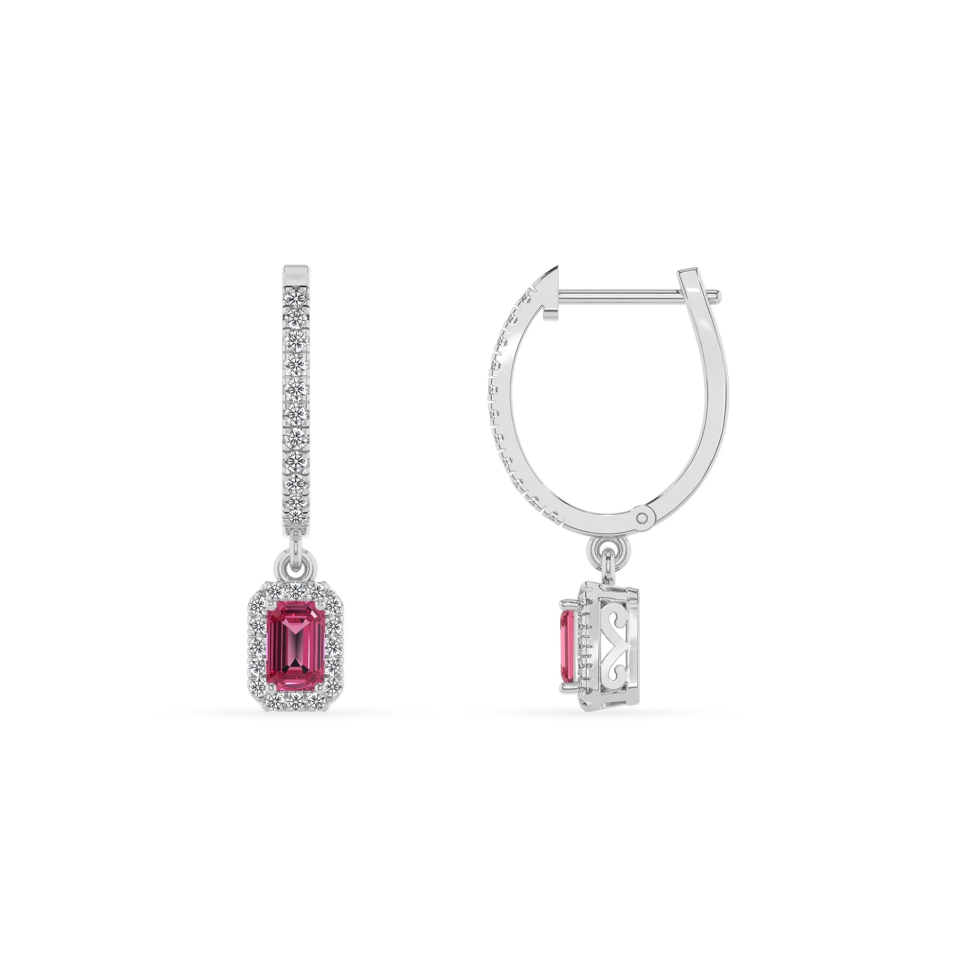 lab grown pink tourmaline emerald cut drop earrings in white gold
