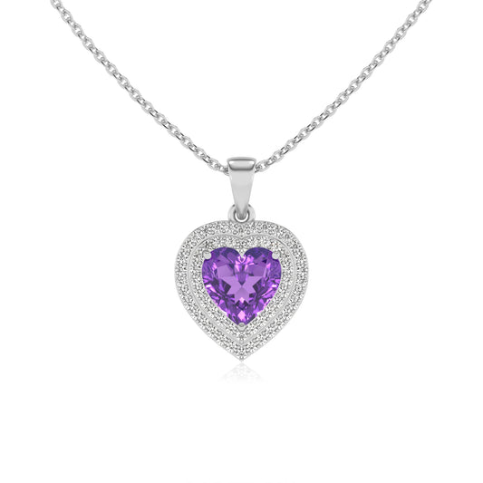 lab grown amethyst heart halo necklaces in sterling silver