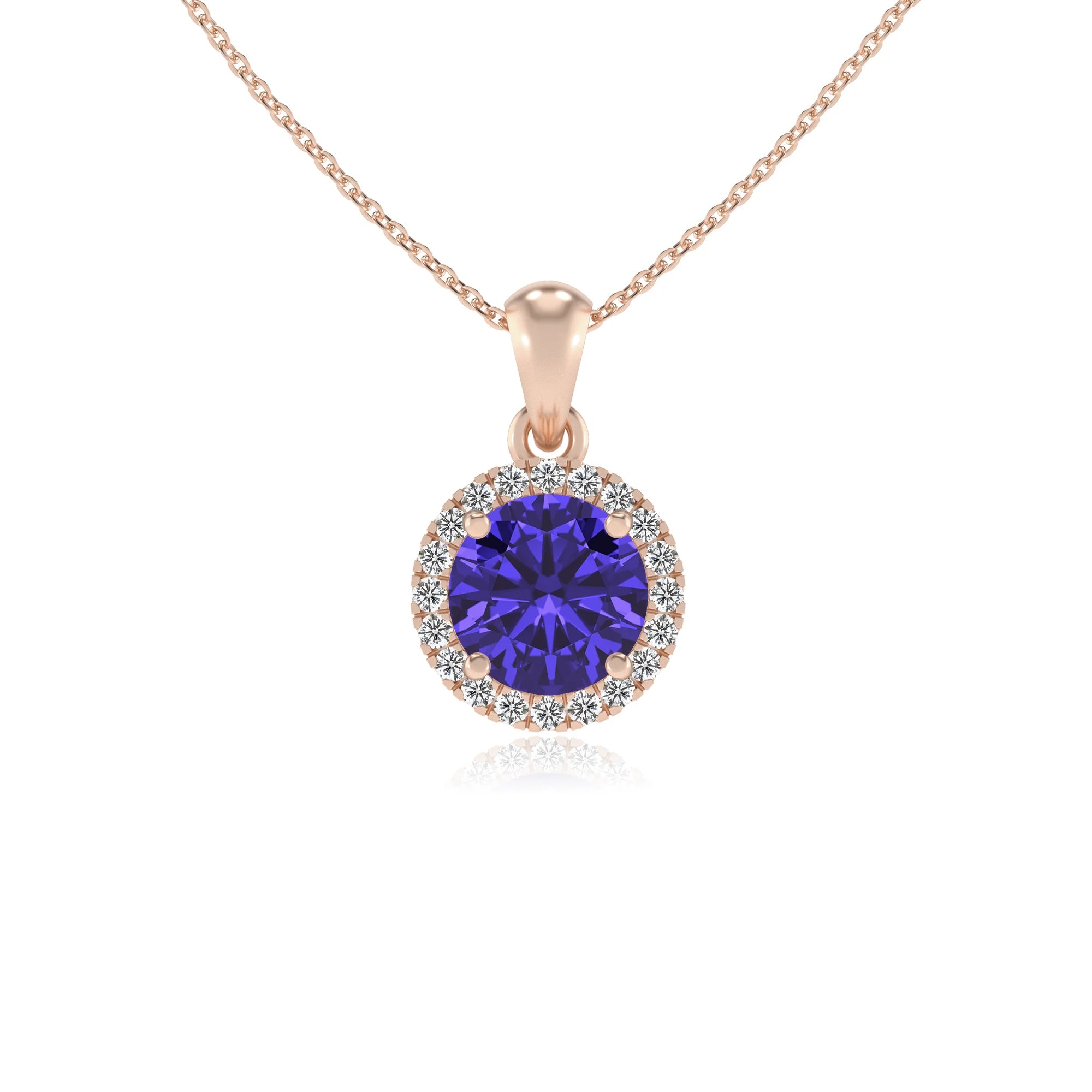 lab grown tanzanite round solitaire necklaces in rose gold