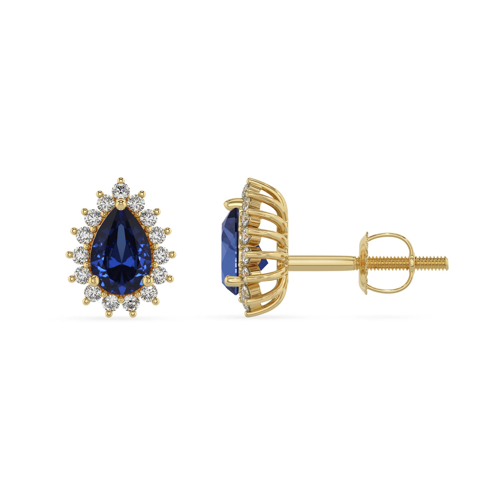 lab grown blue sapphire pear stud earrings in yellow gold