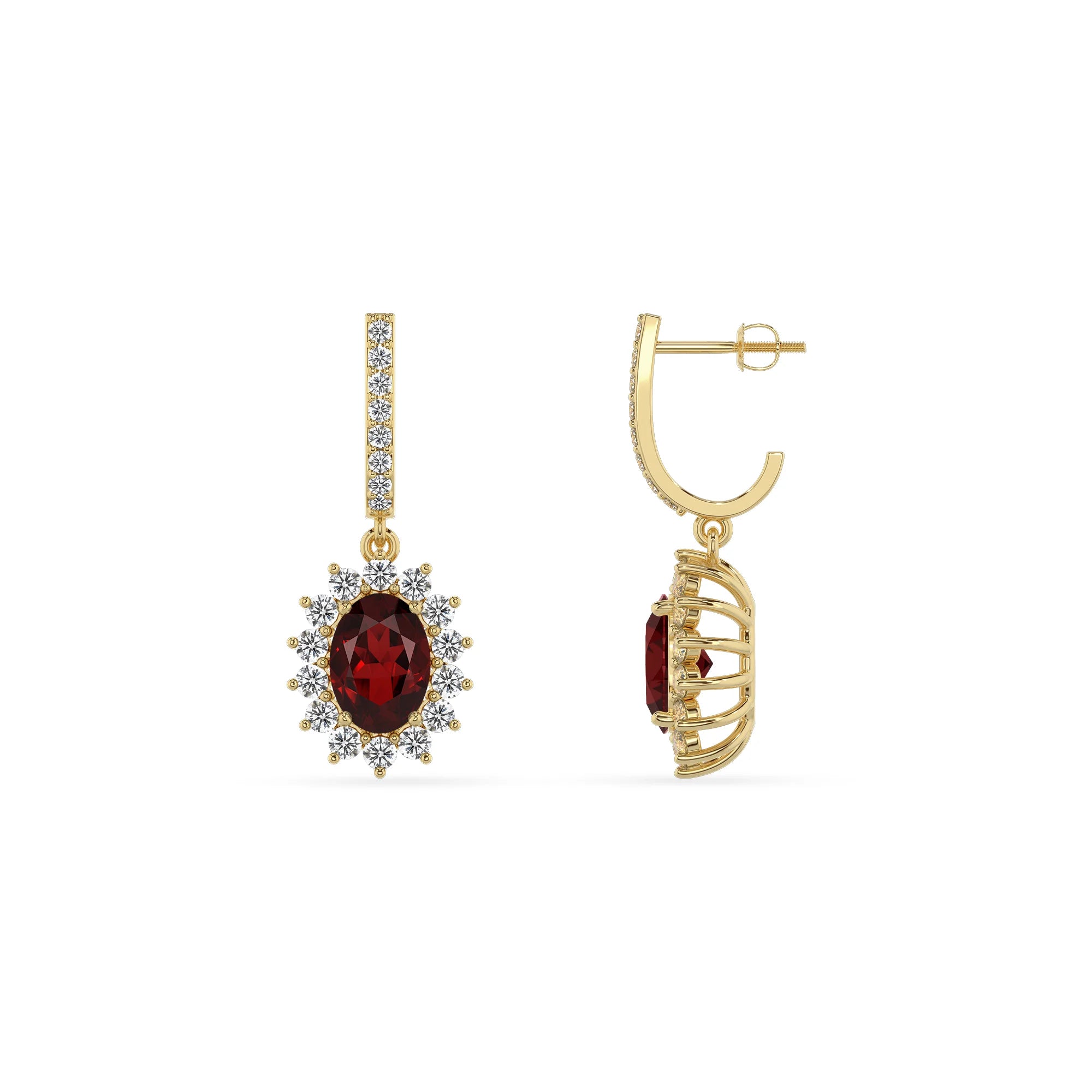 natural garnet oval drop earrings in yellow gold