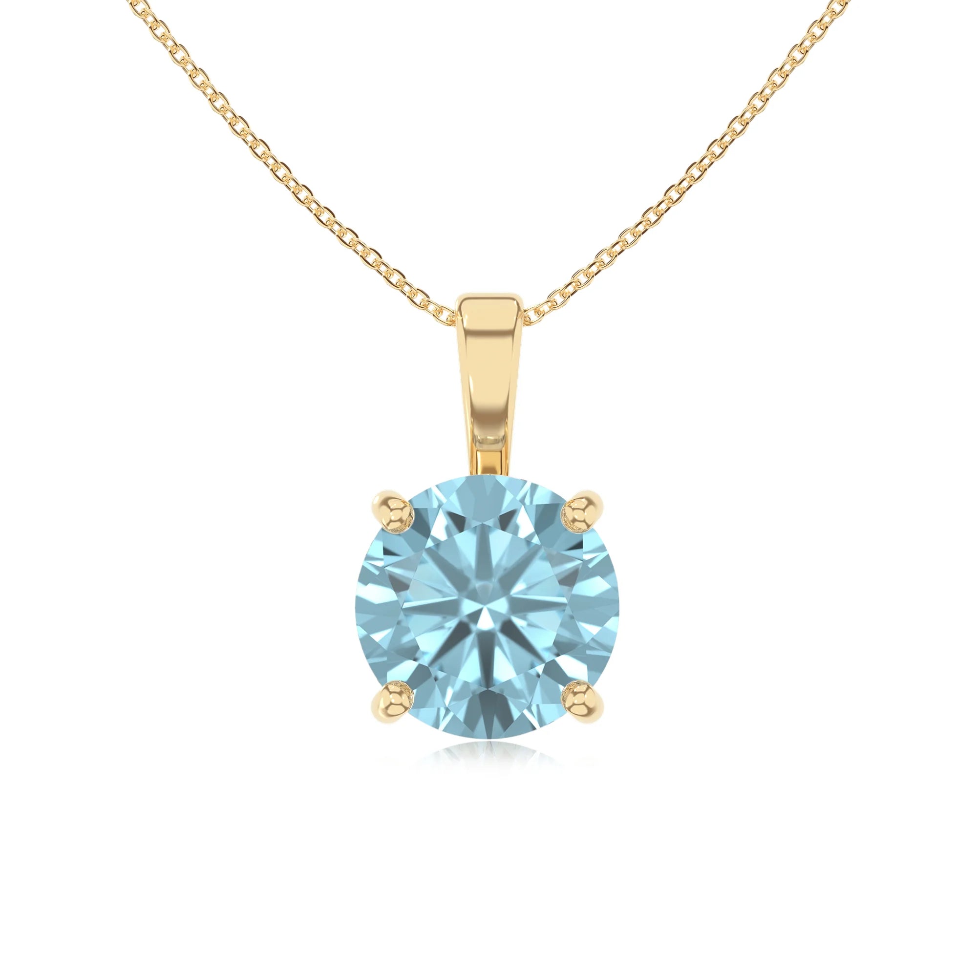 lab grown aquamarine round solitaire necklaces in yellow gold