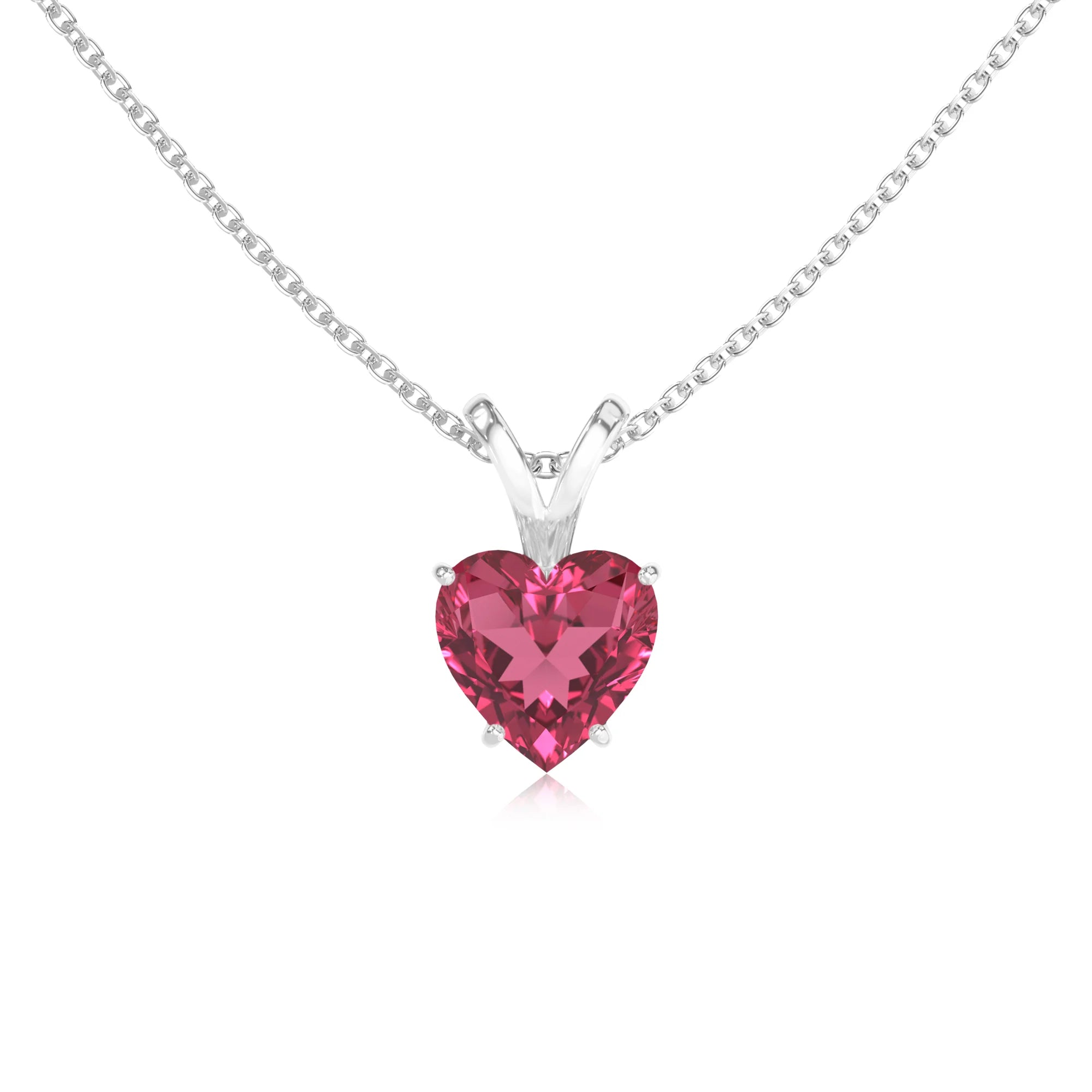 lab grown pink-tourmaline heart solitaire v-bale necklaces in white gold