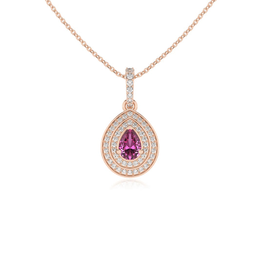 lab grown pink-sapphire pear halo necklaces in rose gold