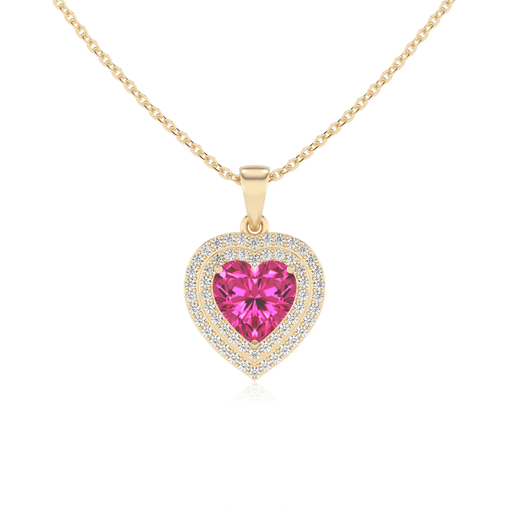 lab grown pink sapphire heart halo necklaces in yellow gold