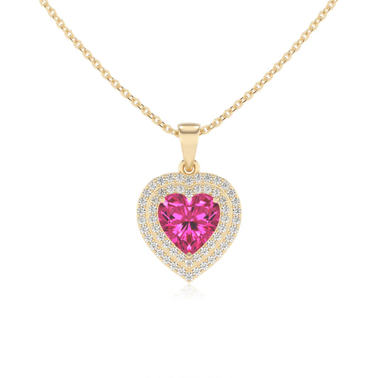 lab grown pink sapphire heart halo necklaces in yellow gold