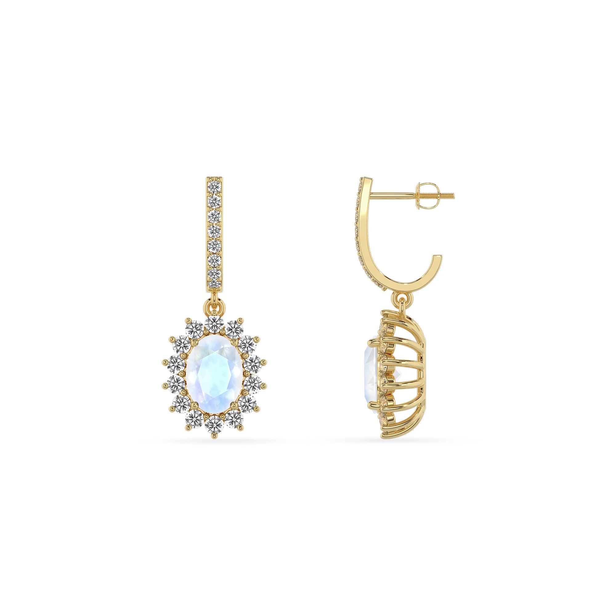 natural rainbow moonstone oval drop earrings in yellow gold