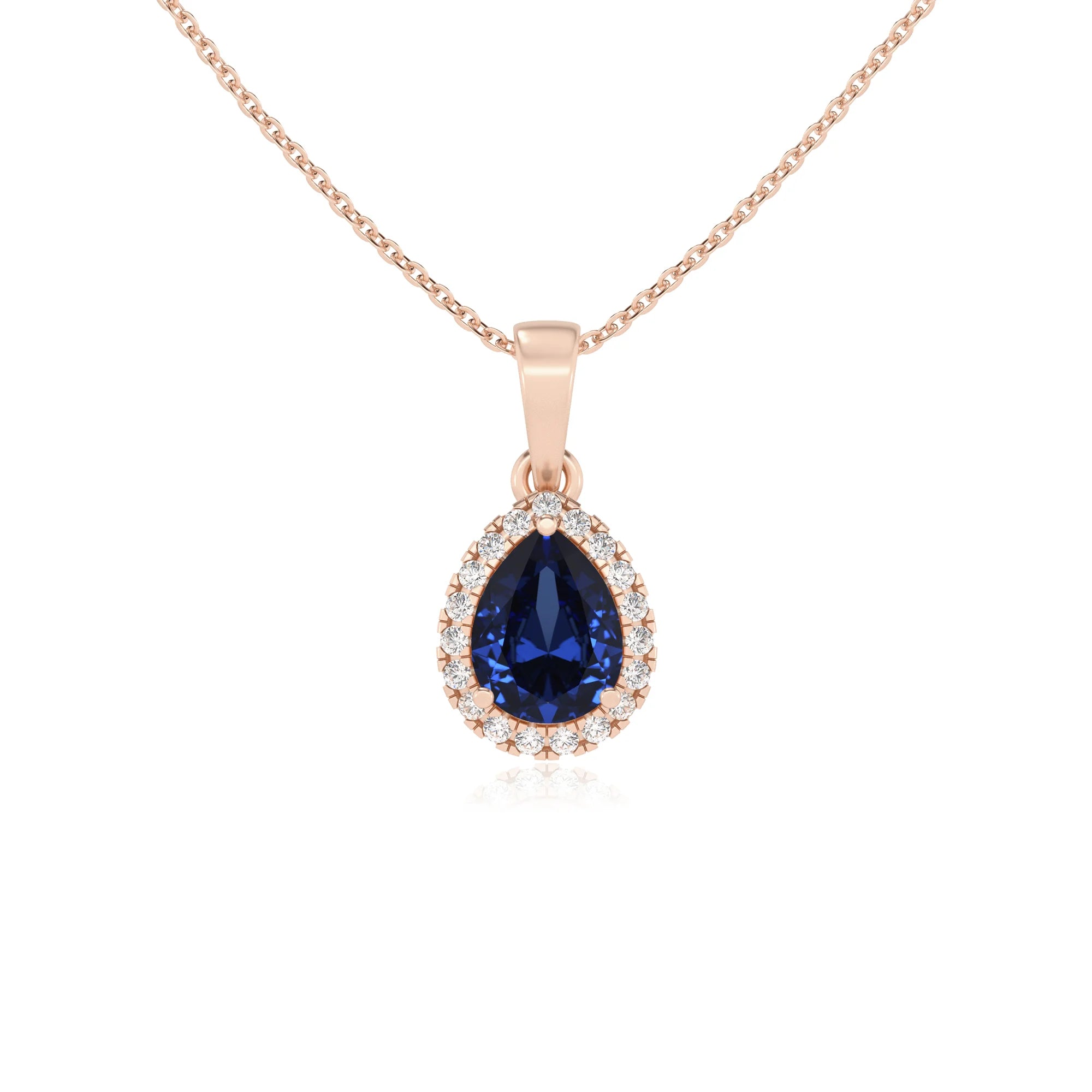 lab grown blue-sapphire pear solitaire necklaces in rose gold