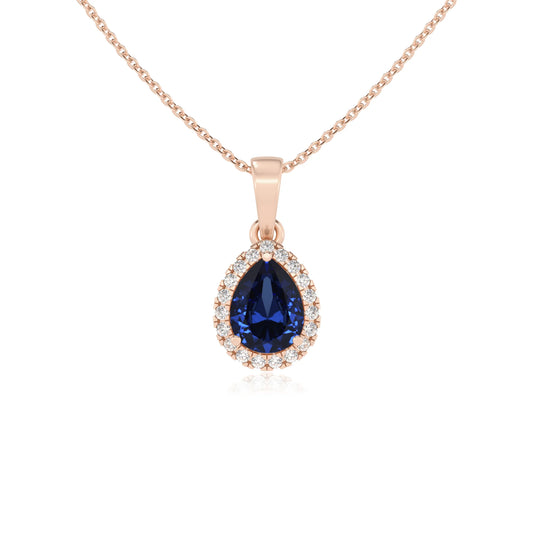 lab grown blue-sapphire pear solitaire necklaces in rose gold