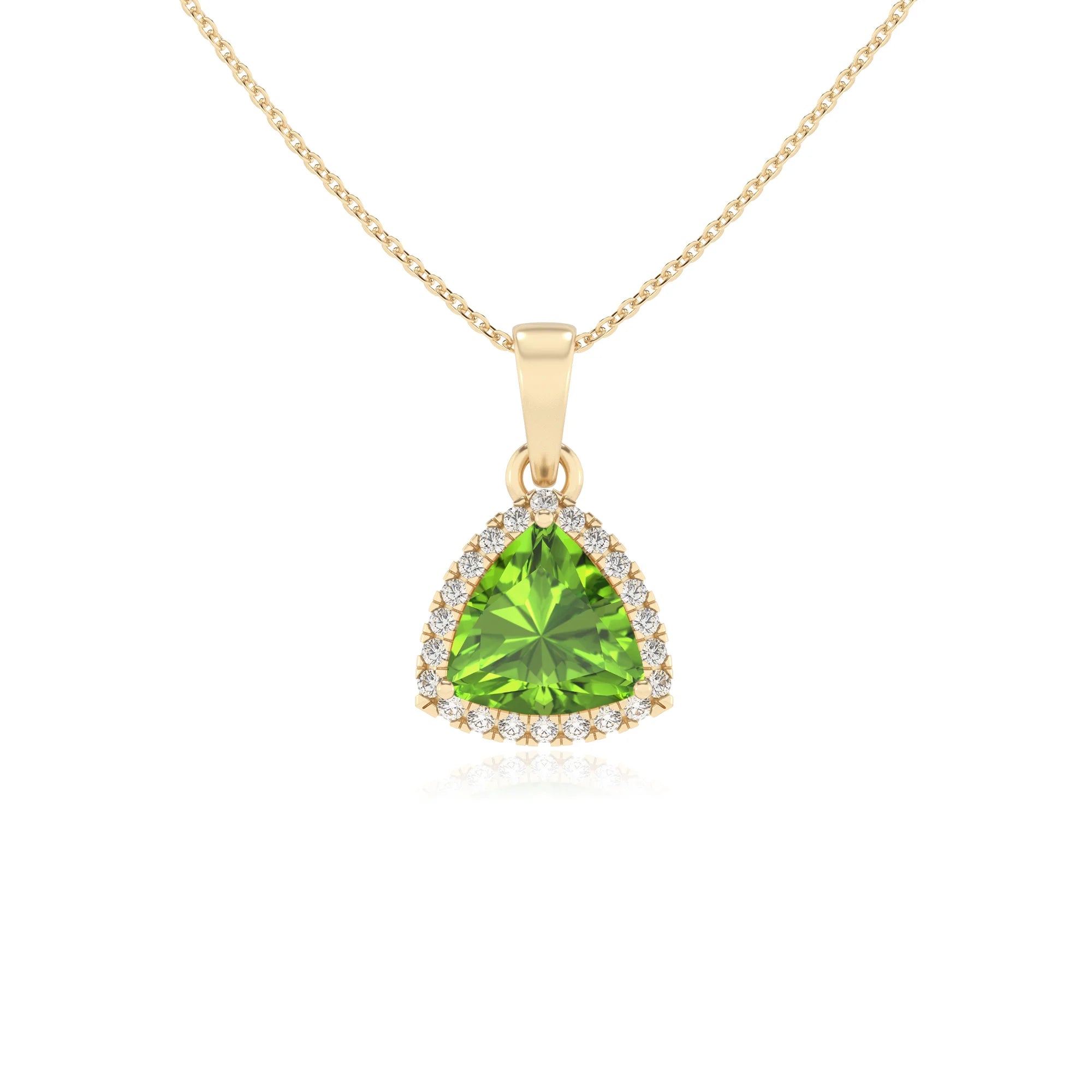 natural peridot trillion solitaire necklaces in yellow gold