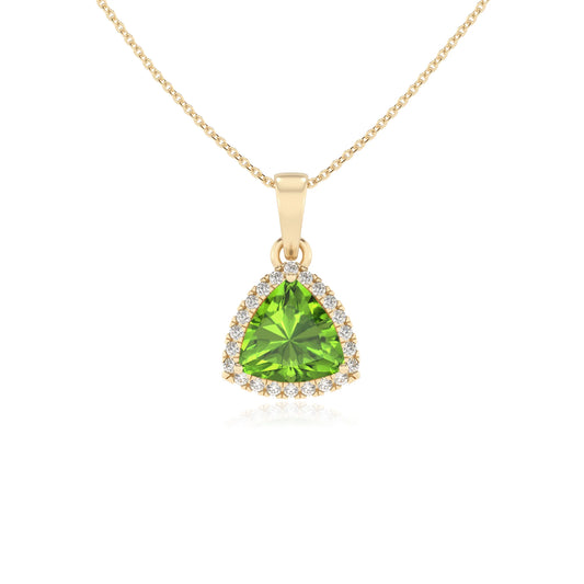 natural peridot trillion solitaire necklaces in yellow gold