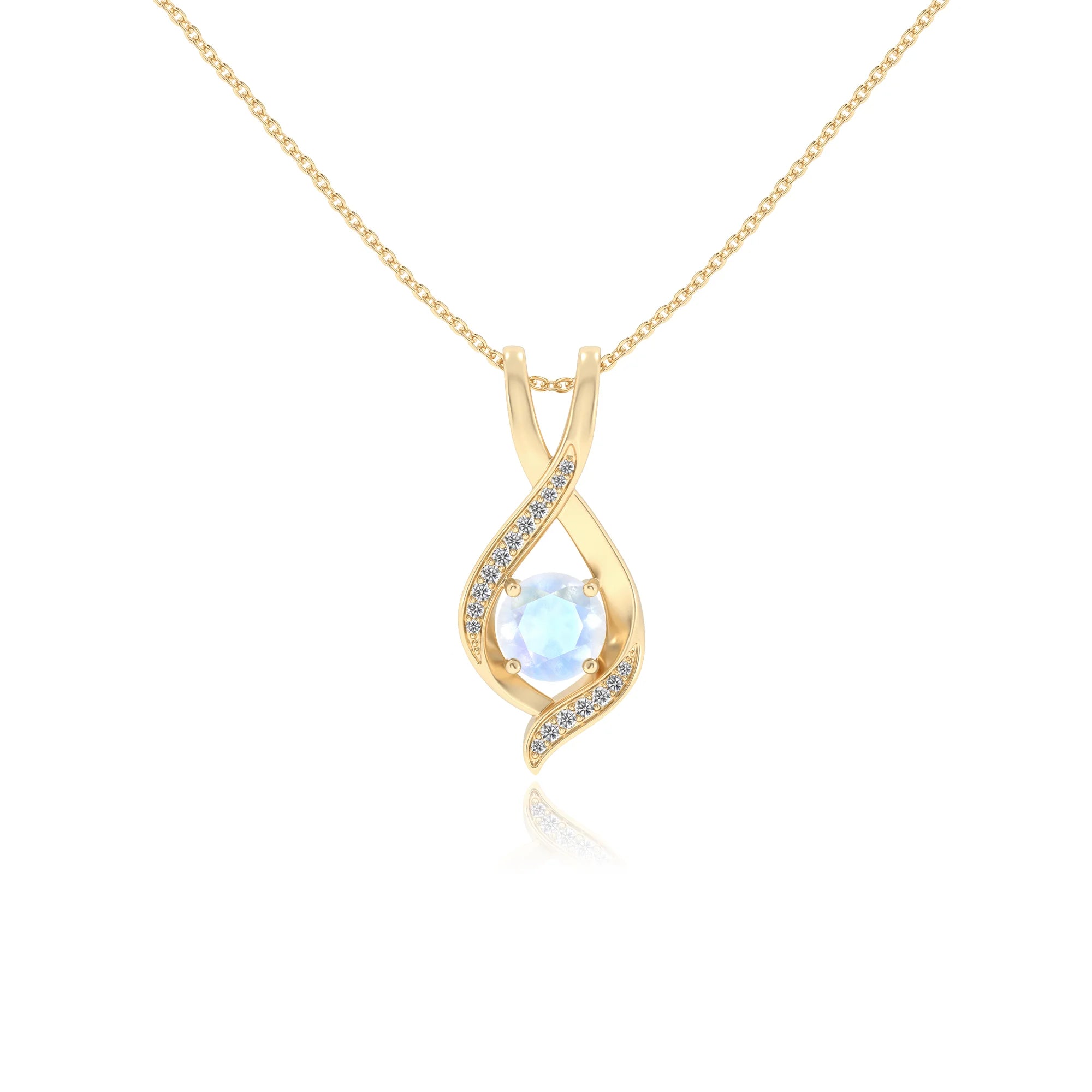 natural rainbow-moonstone round solitaire necklaces in yellow gold