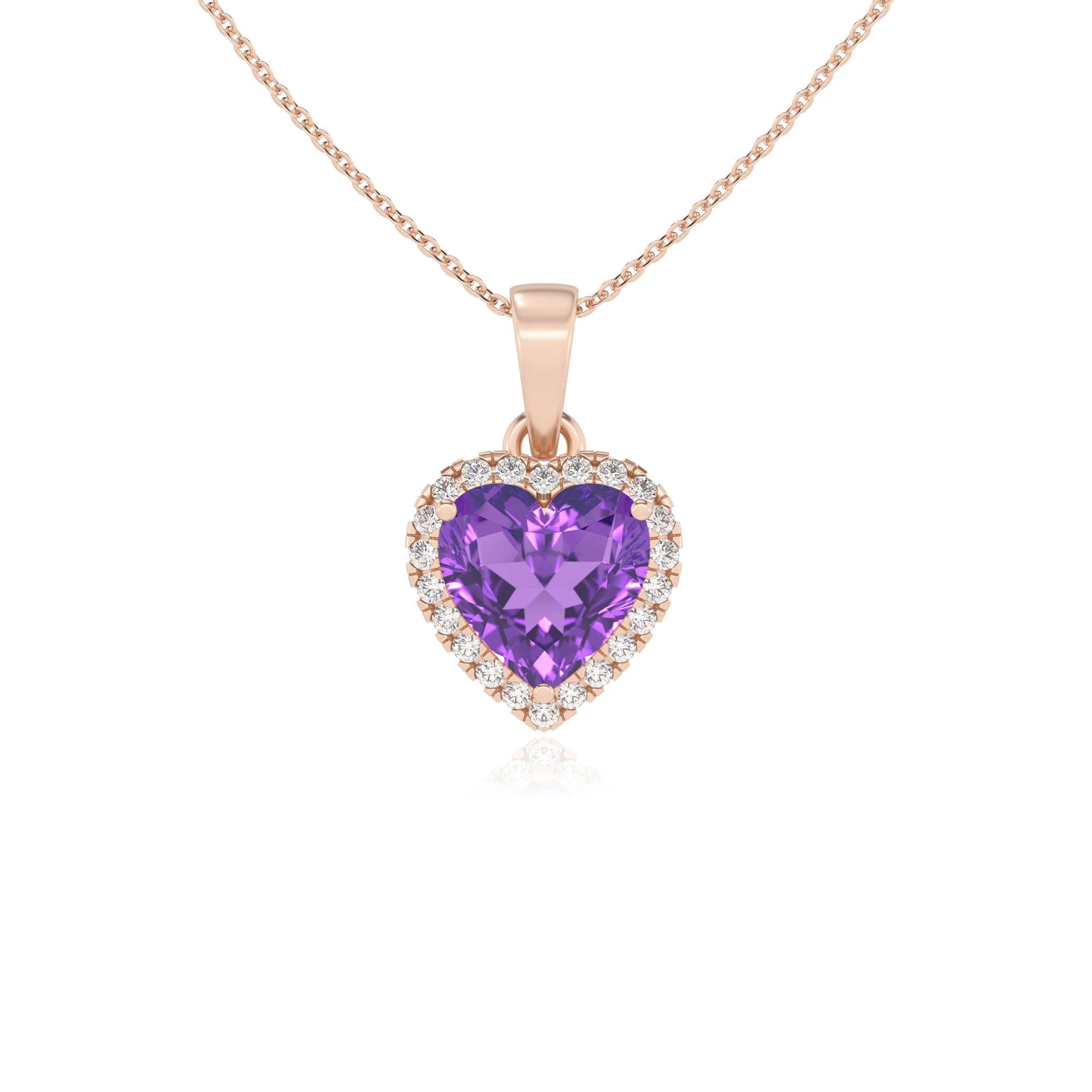 lab grown amethyst heart solitaire necklaces in rose gold