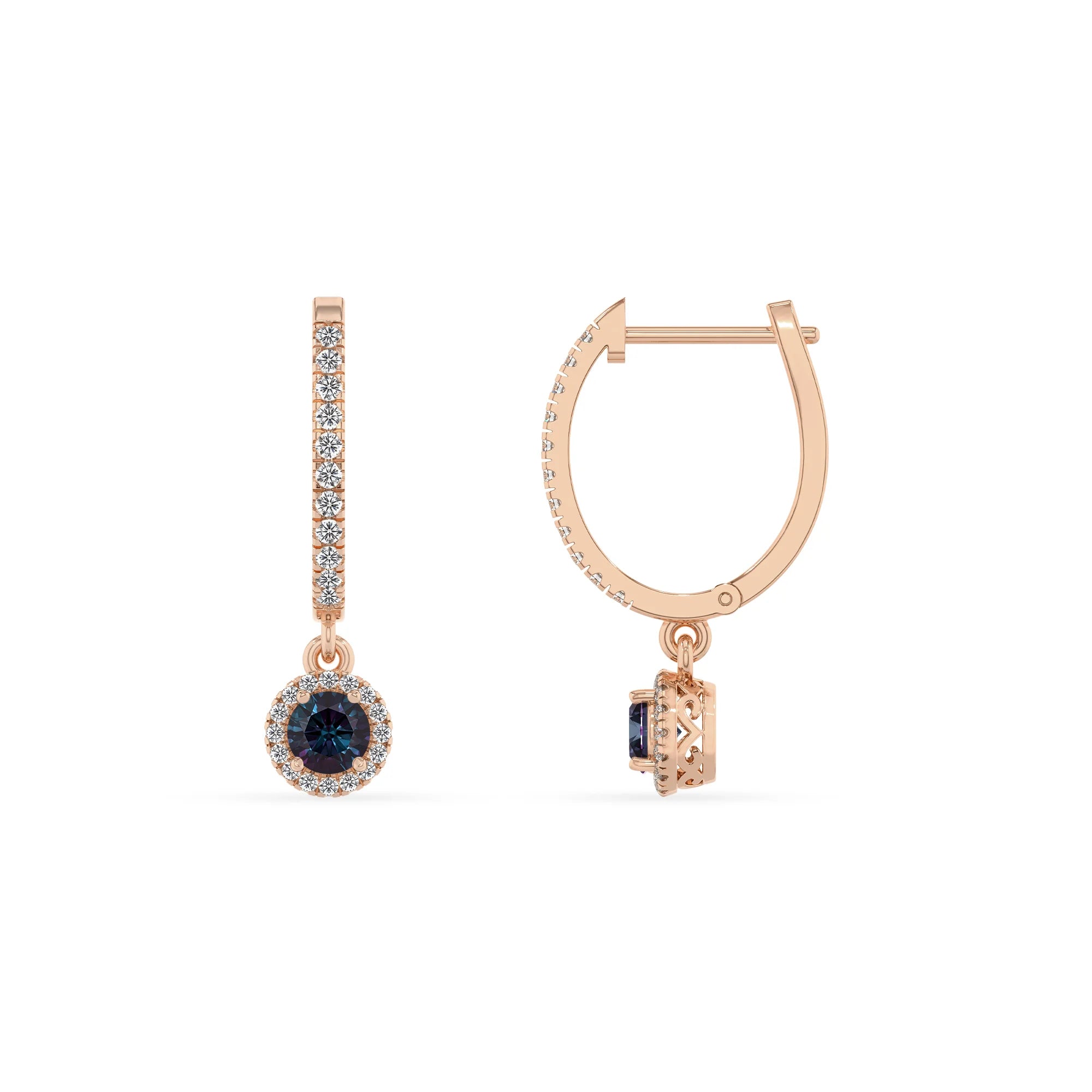 lab grown alexandrite round drop earrings in rose gold