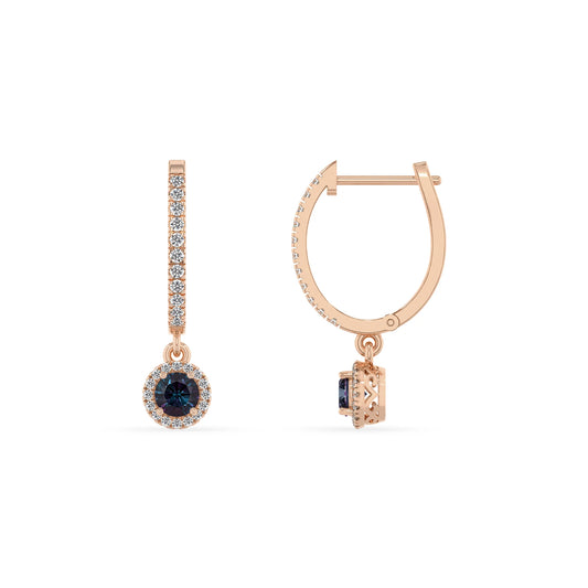 lab grown alexandrite round drop earrings in rose gold