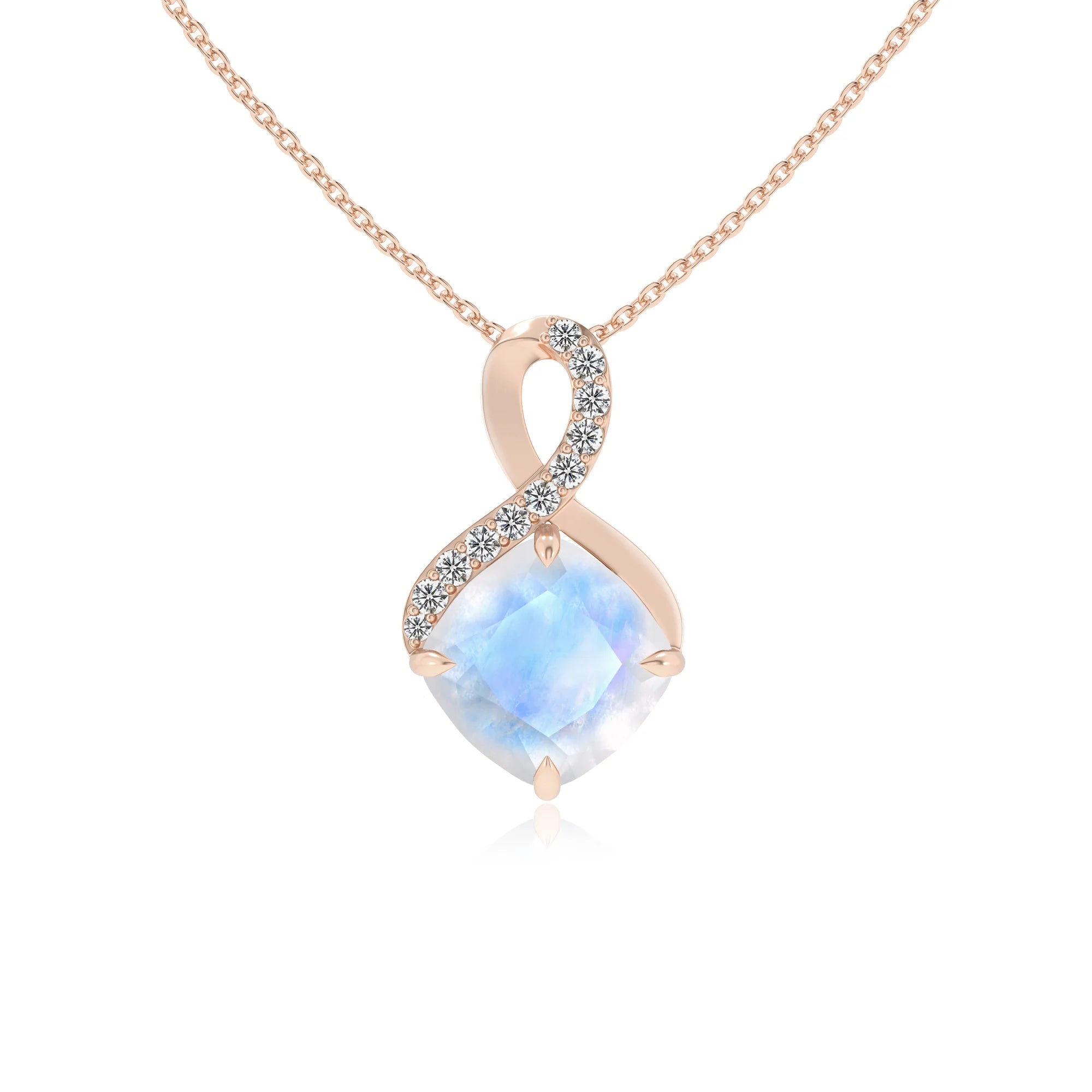 natural rainbow-moonstone cushion infinity necklaces in rose gold