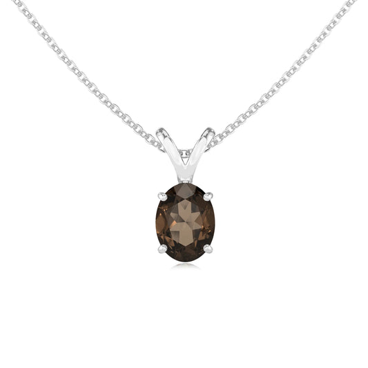 natural smoky-quartz oval solitaire v-bale necklaces in platinum