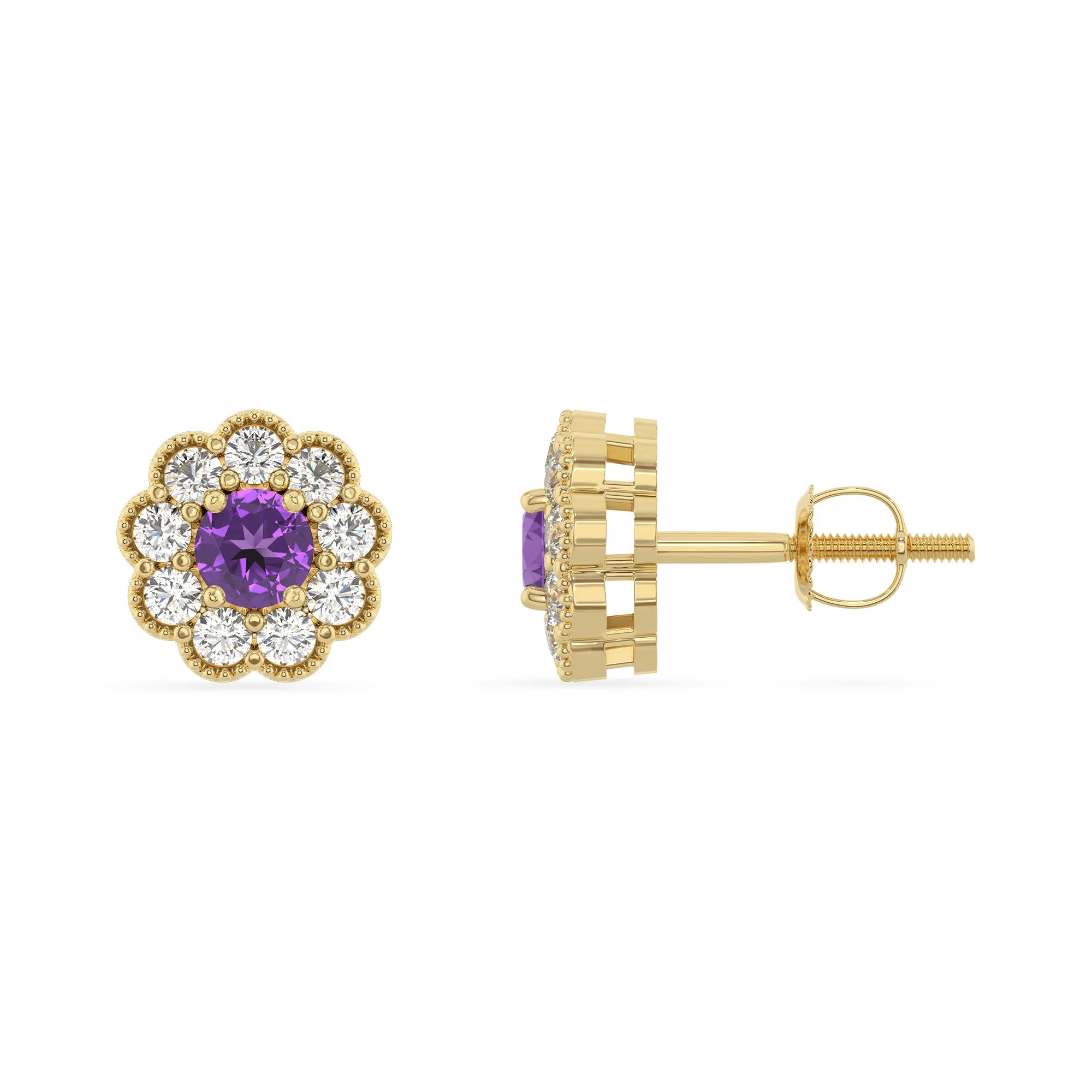 lab grown amethyst round stud earrings in yellow gold