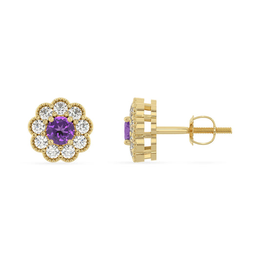 lab grown amethyst round stud earrings in yellow gold