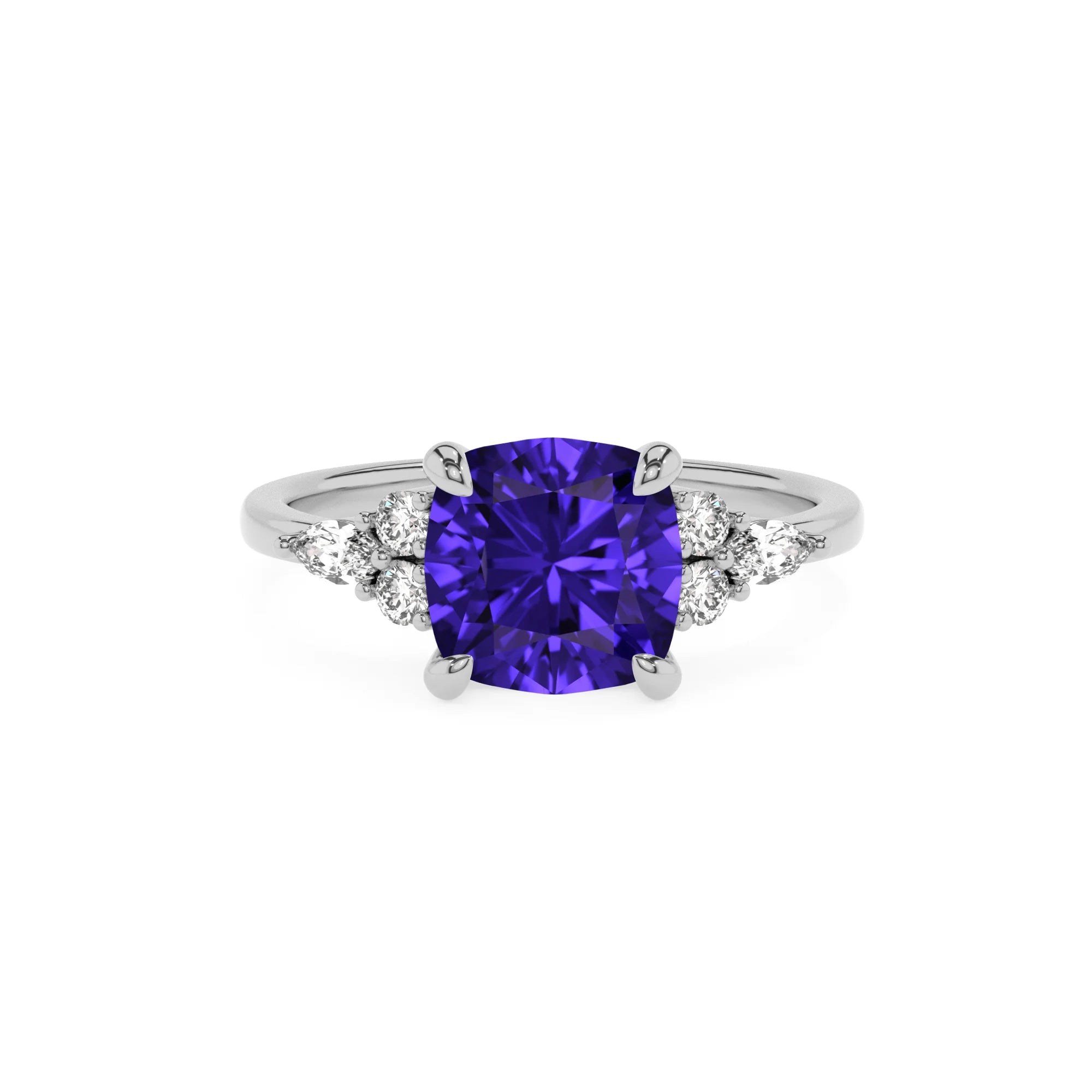 lab grown tanzanite cushion solitaire rings in platinum