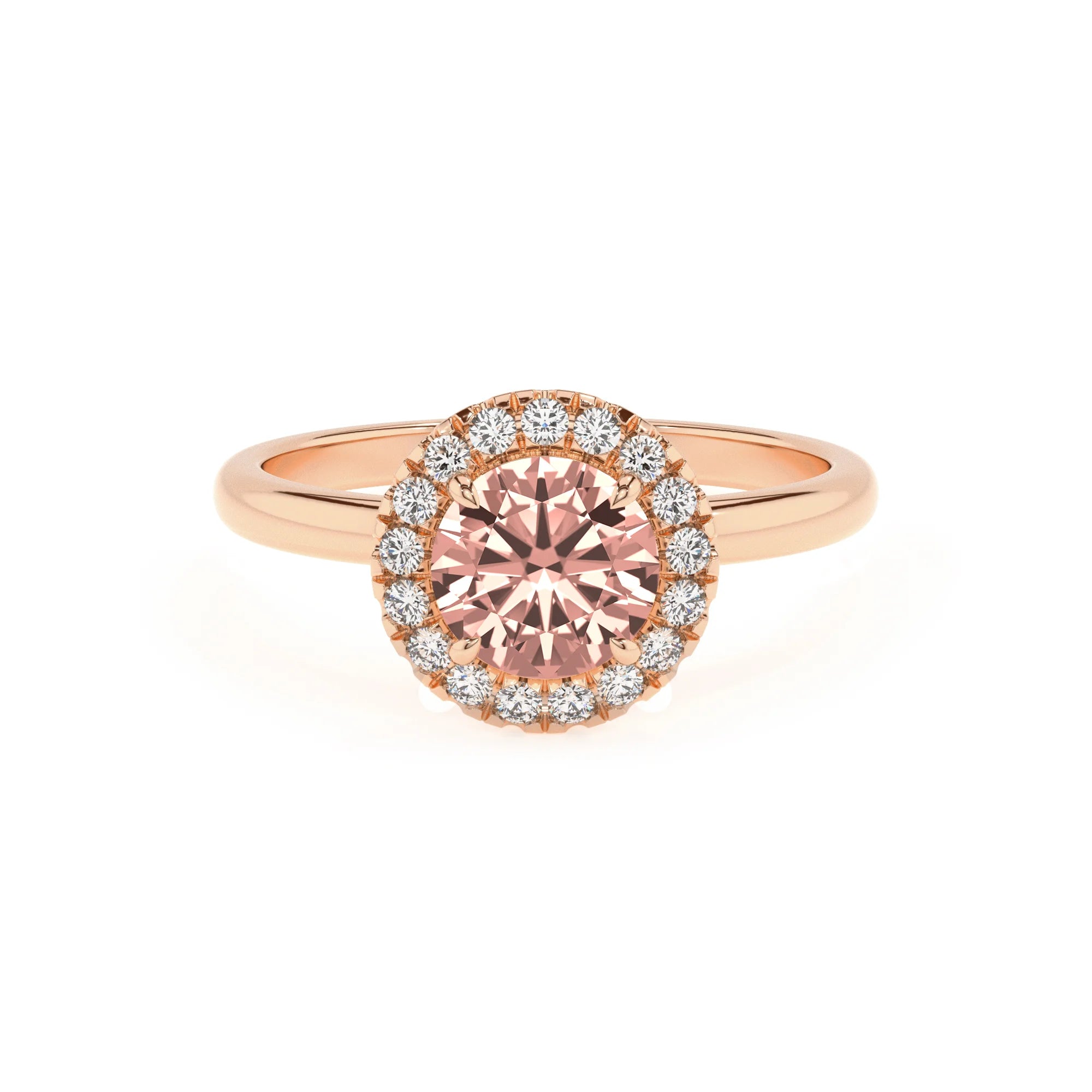 lab grown morganite round solitaire rings in rose gold